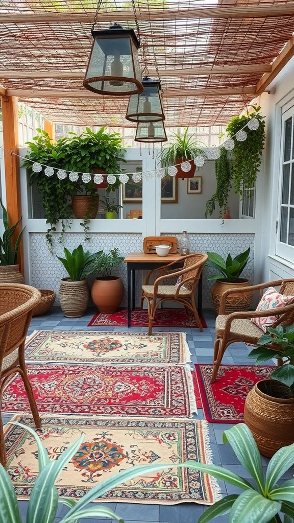 Cozy outdoor space with vintage rugs, plants, and chairs