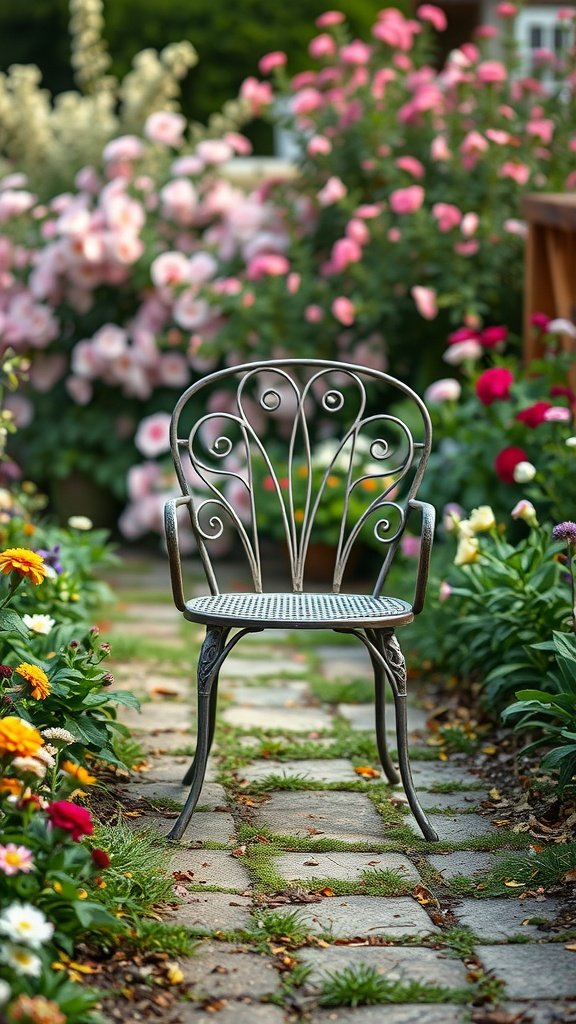 A vintage style iron chair surrounded by colorful flowers in a garden.