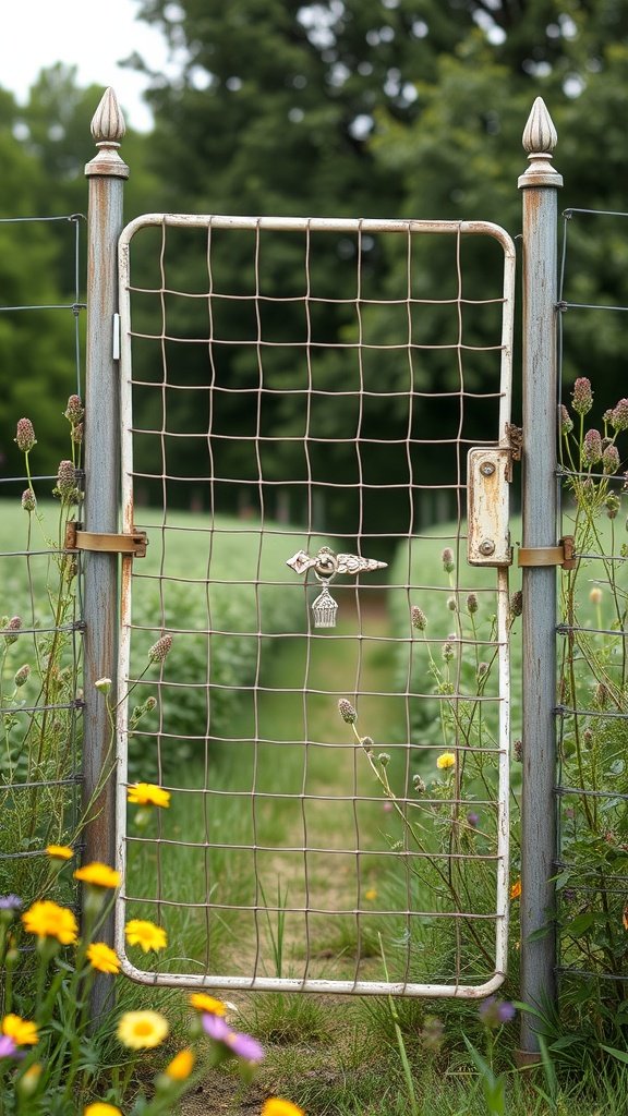 A vintage style wire fence gate surrounded by flowers