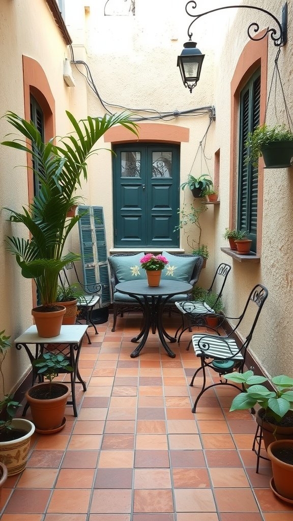 A charming patio featuring terracotta tiles, plants, and a cozy seating area.