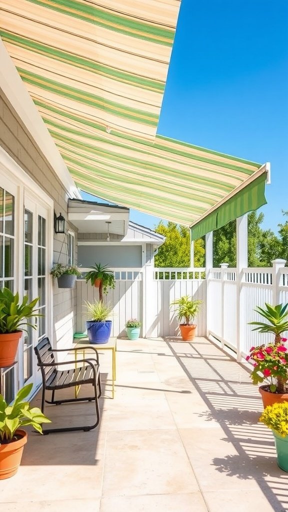 A beautiful patio with striped vinyl awnings providing shade, surrounded by vibrant potted plants.