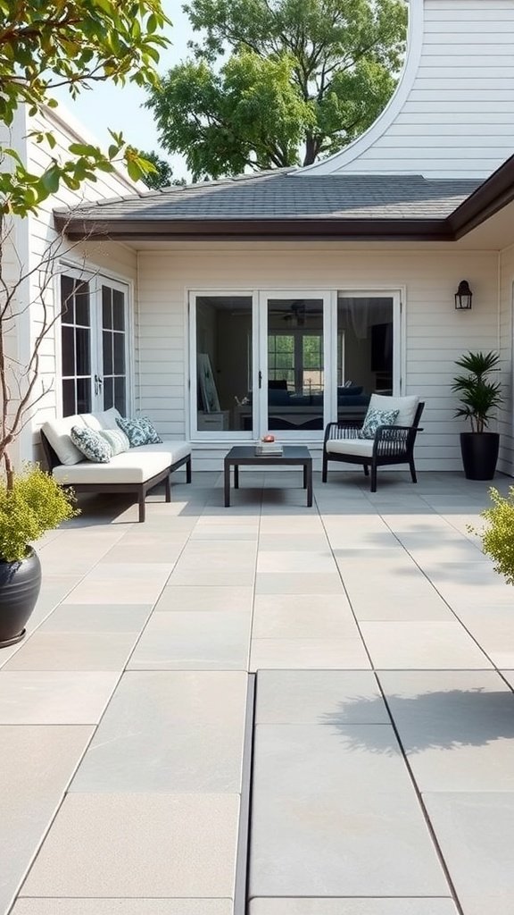 A modern patio featuring sleek vinyl composite surface with outdoor furniture.