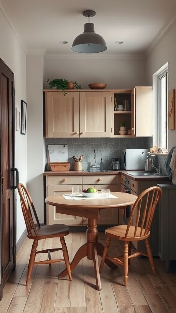 Cozy small kitchen with a wall-mounted foldable table and chairs.