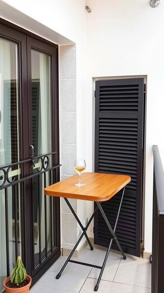 A wall-mounted folding table on a small balcony with a glass of wine.