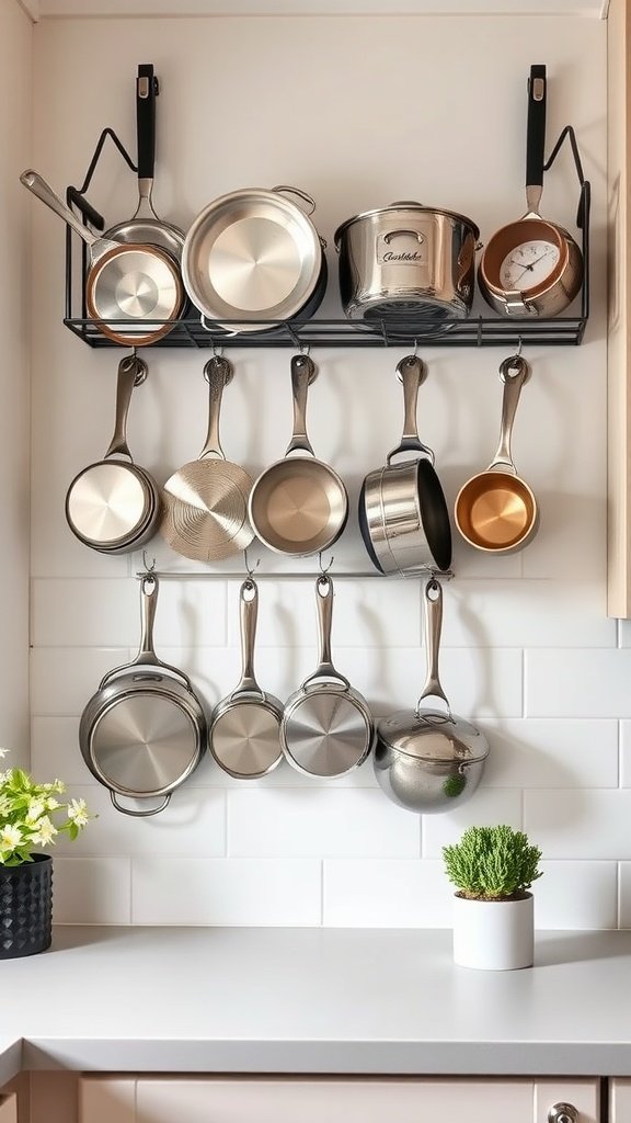 A wall-mounted pot rack displaying various pots and pans in a modern kitchen.