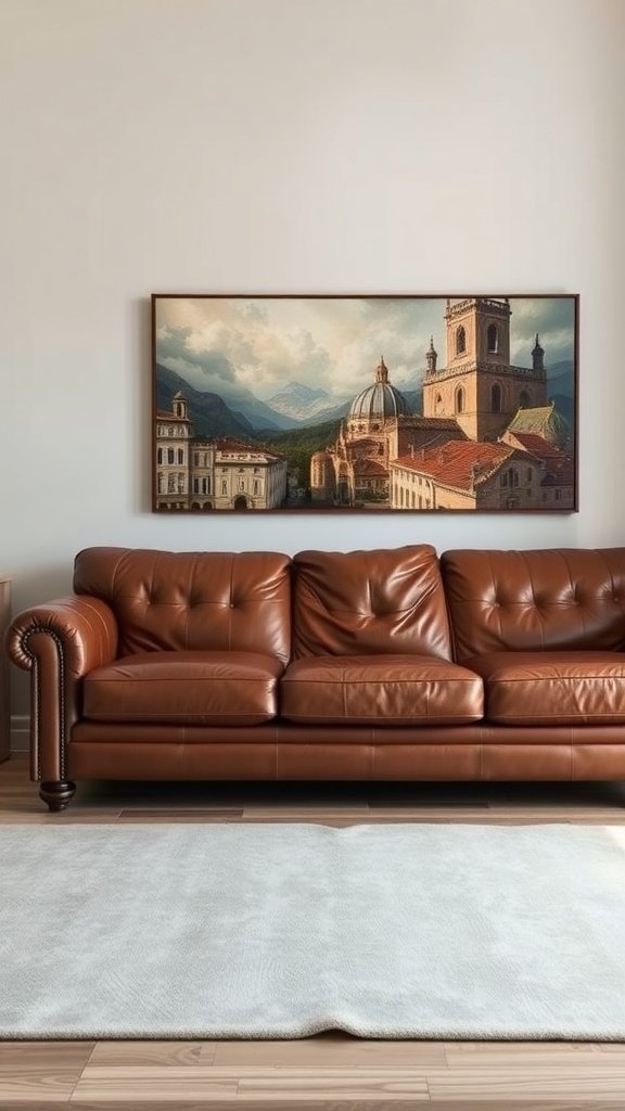Brown leather couch with wall art in a living room setting