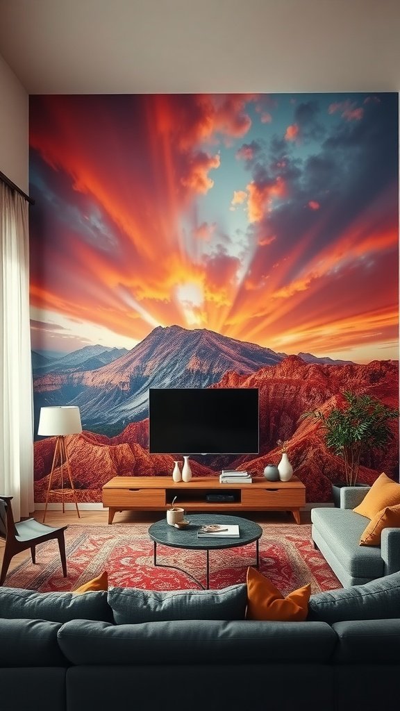 A colorful wall mural depicting a mountain sunset in a modern living room with neutral furniture.