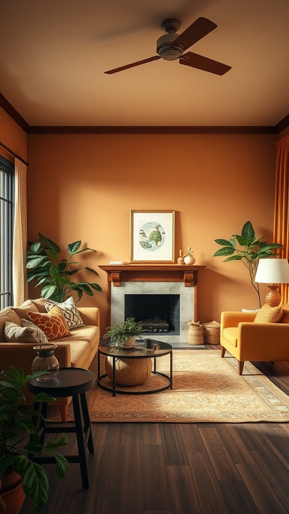 A warm and inviting living room with an olive couch, plants, and a cozy atmosphere.