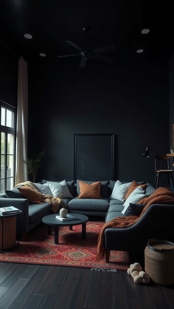 A cozy black living room featuring warm textiles for contrast.