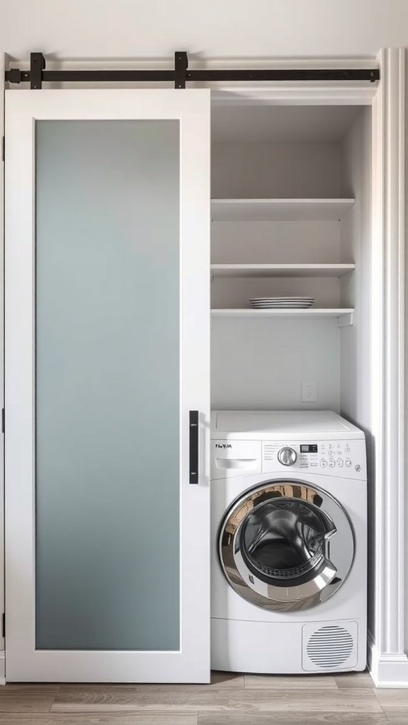 A compact laundry closet with a stacked washer and dryer, featuring sliding barn door and shelves.
