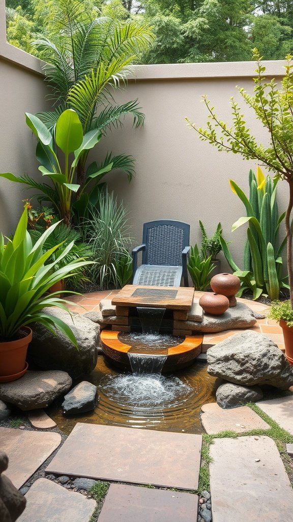 A small garden patio featuring a water fountain surrounded by plants.