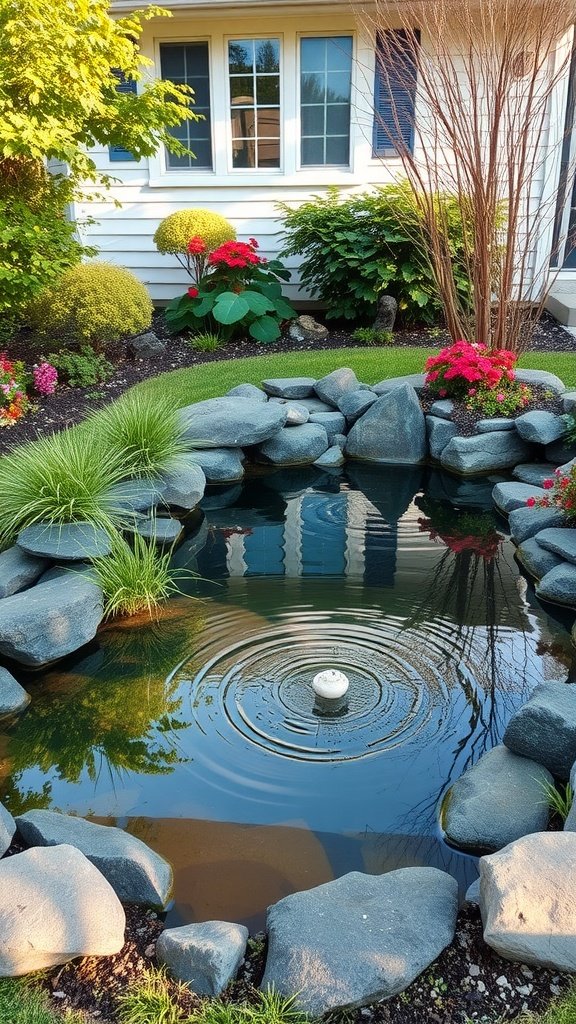 A serene pond surrounded by rocks and colorful flowers in a front yard.