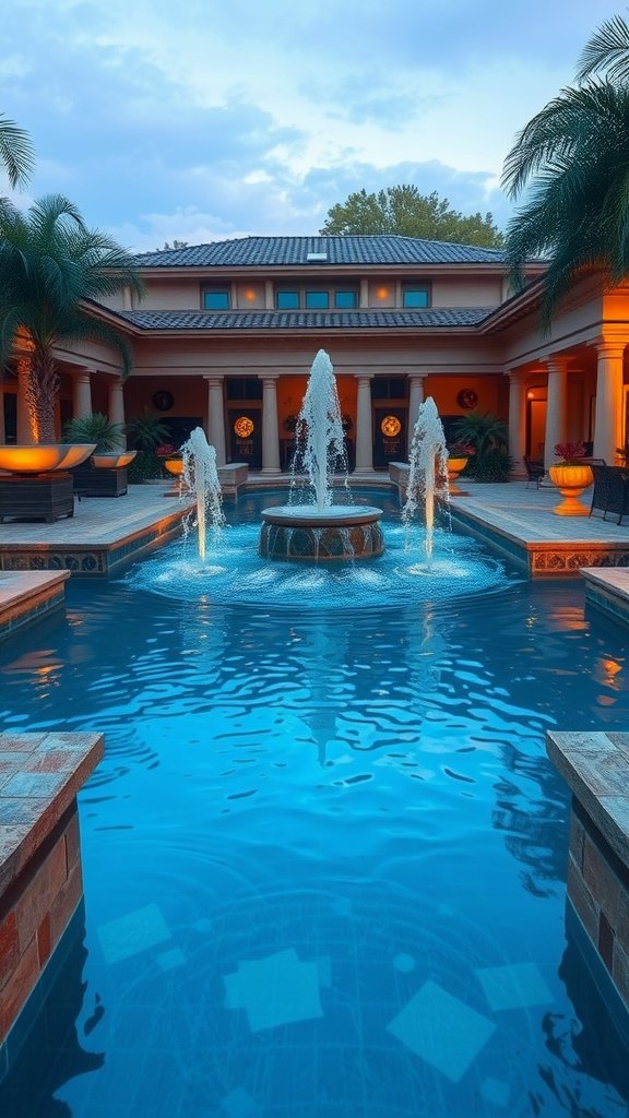 A beautiful pool with fountains and lush surroundings.