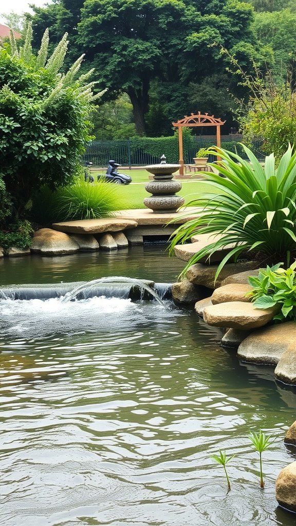 A tranquil water feature with greenery and a fountain.