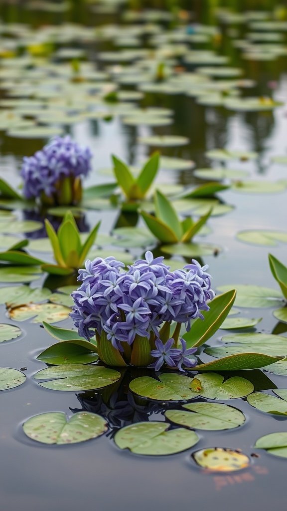 A cluster of water hyacinth flowers floating on a serene pond.