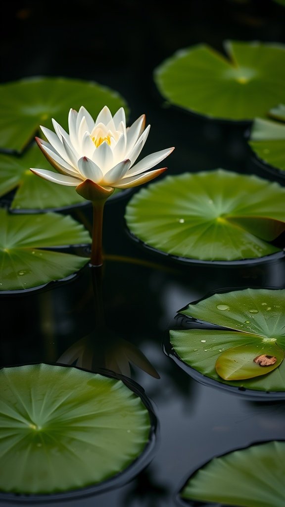 A beautiful white water lily blooming on a pond with large green lily pads.