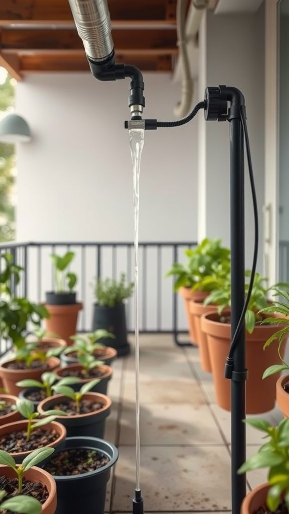 A watering system set up on a balcony with potted plants.