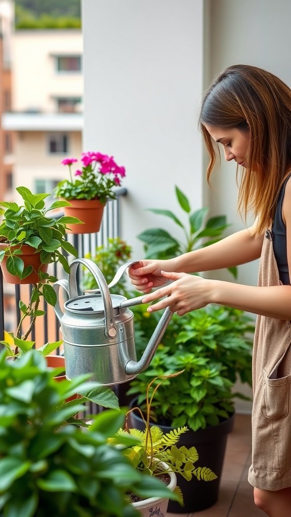 A balcony garden with various plants and a watering can.