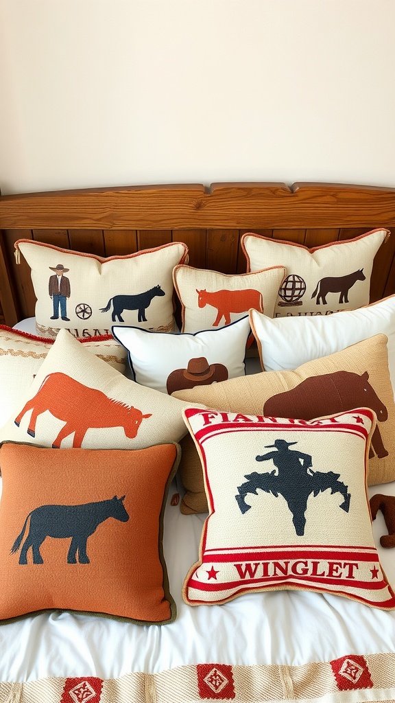 A variety of western-themed throw pillows featuring cowboys and cattle designs on a bed.