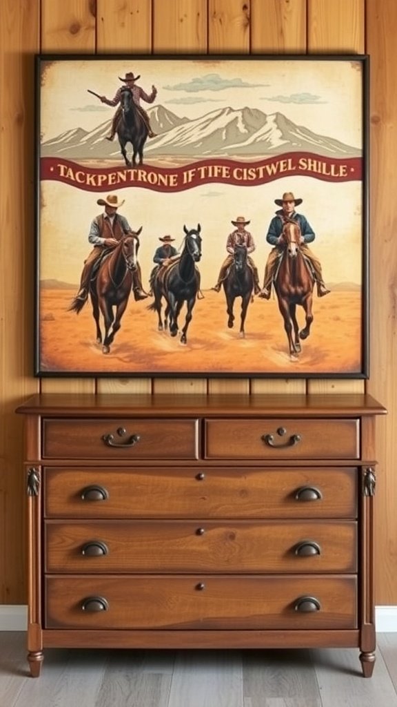 A Western-themed wall art print featuring cowboys on horseback, displayed above a wooden dresser.