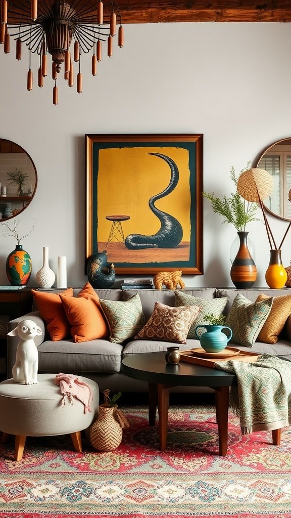 A colorful boho living room with playful accessories and vibrant decor.
