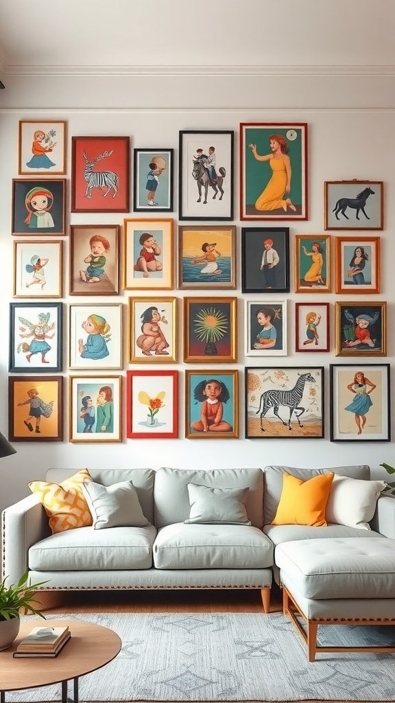 A colorful gallery wall featuring various framed pictures with a cozy sofa in front.