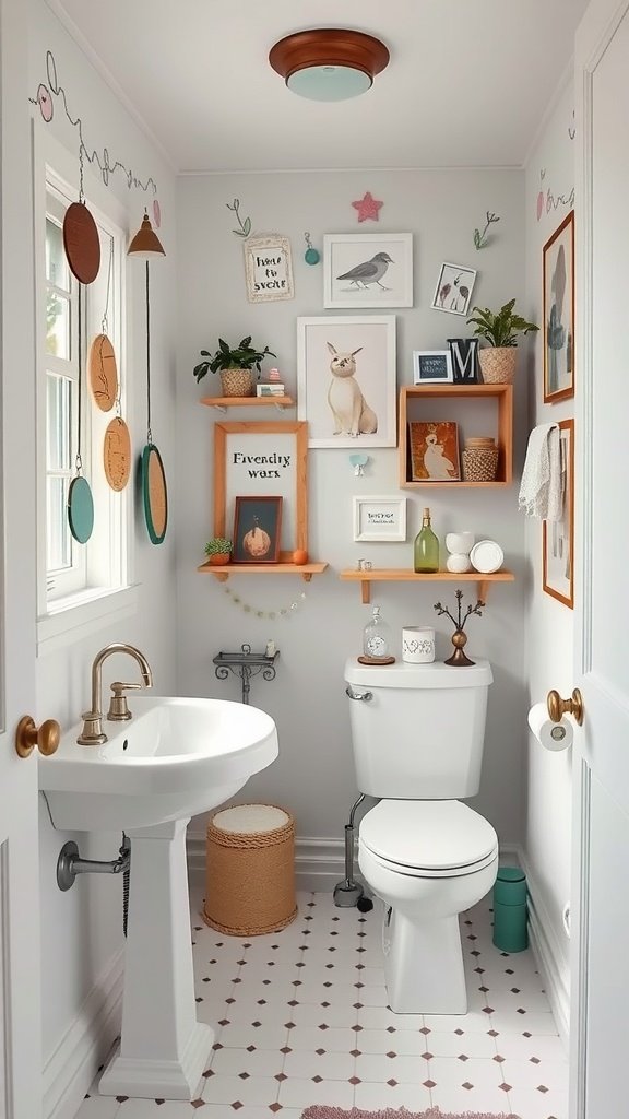A whimsical half bathroom featuring playful decor, art, and unique shelving.
