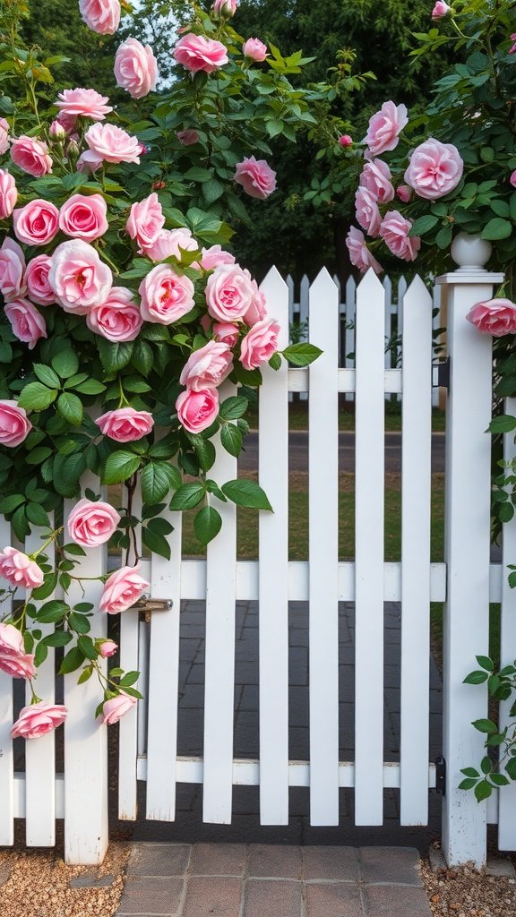 A white picket fence gate decorated with pink climbing roses.