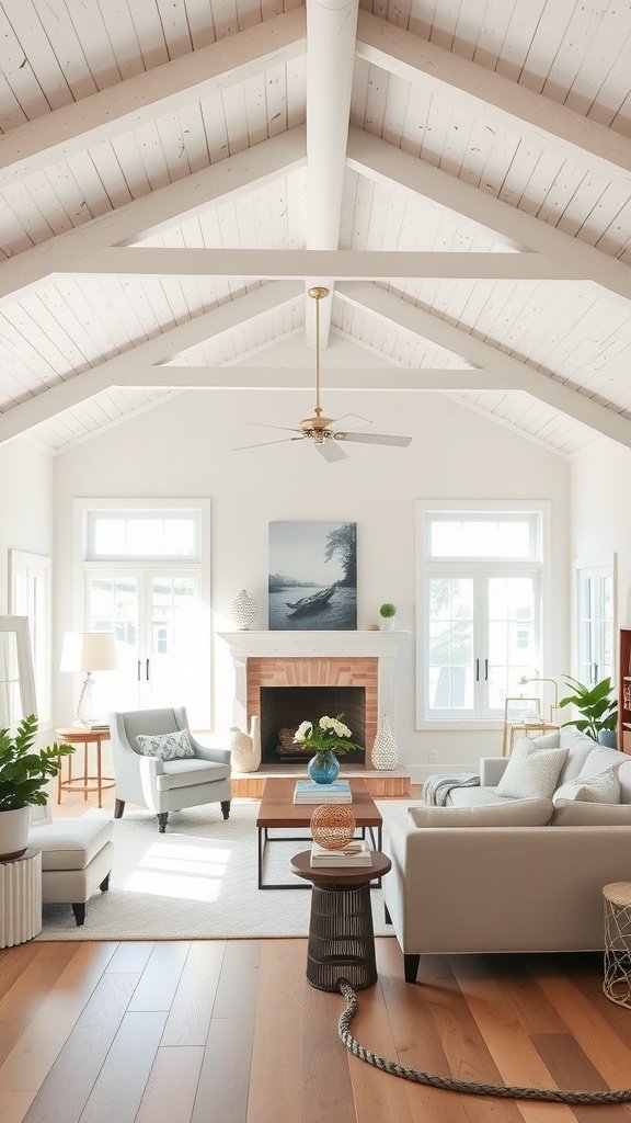 A bright living room featuring whitewashed ceiling beams, a cozy seating arrangement, and a warm fireplace.