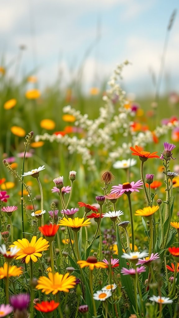 Colorful wildflower meadow full of various flowers.