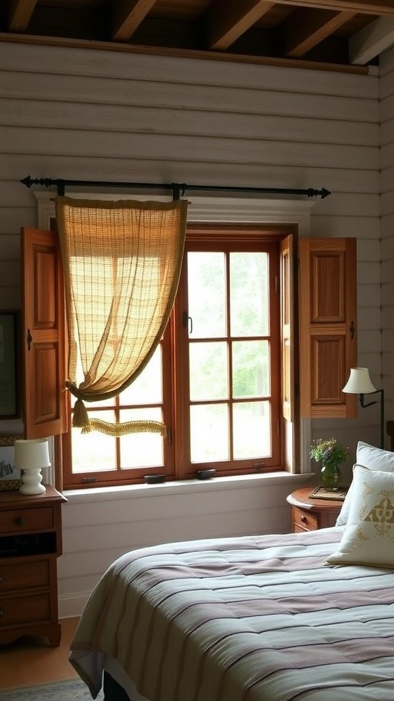 A rustic bedroom featuring a window with wooden shutters and soft curtains, creating a cozy atmosphere.
