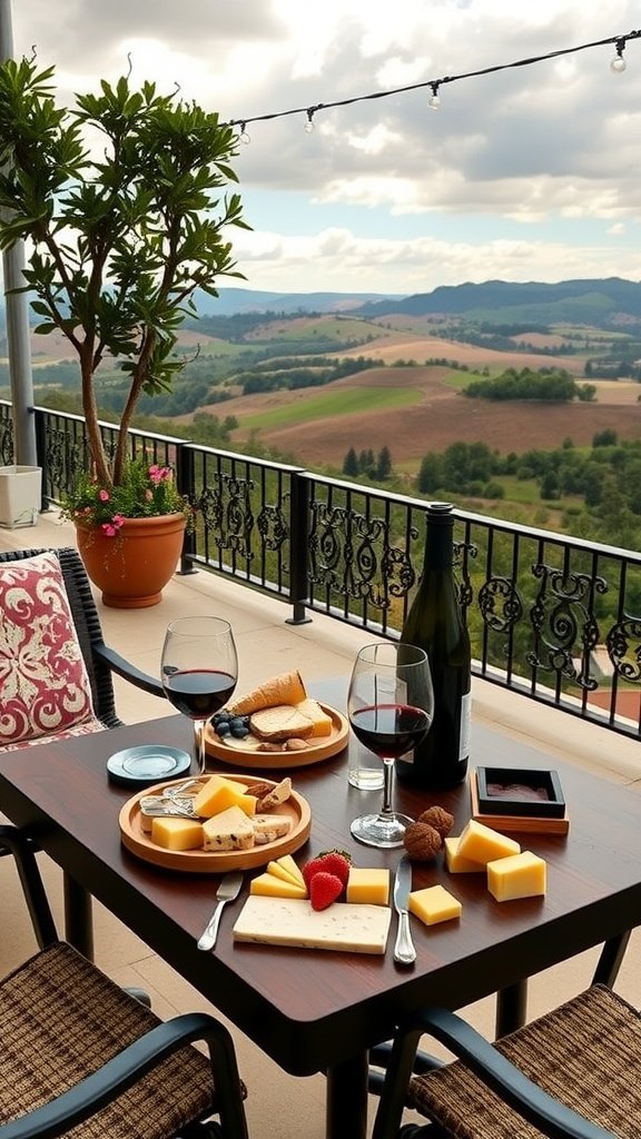 Outdoor terrace with wine and cheese setup overlooking rolling hills.