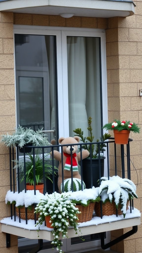 A winter balcony garden featuring potted plants, snow, and a teddy bear dressed in a scarf.