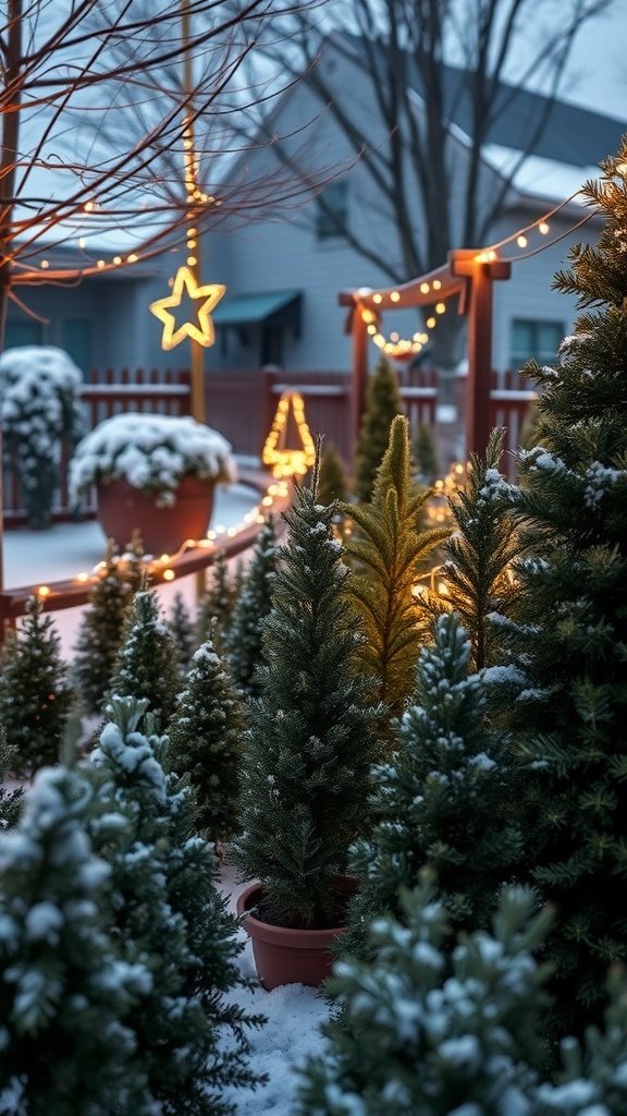 Outdoor winter greenery with potted evergreen trees and festive lights.