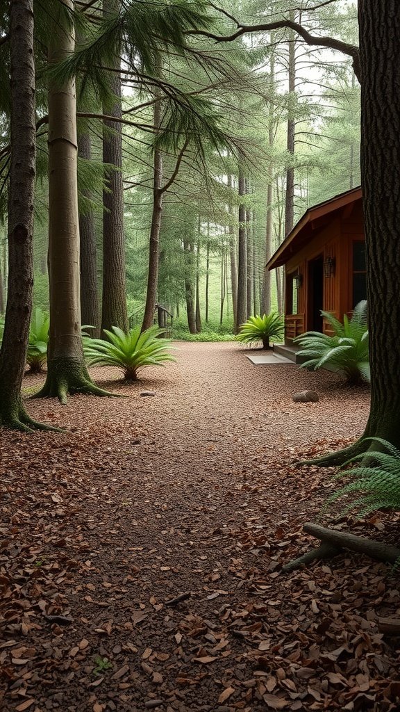 A scenic wood chip trail surrounded by tall trees and lush ferns.