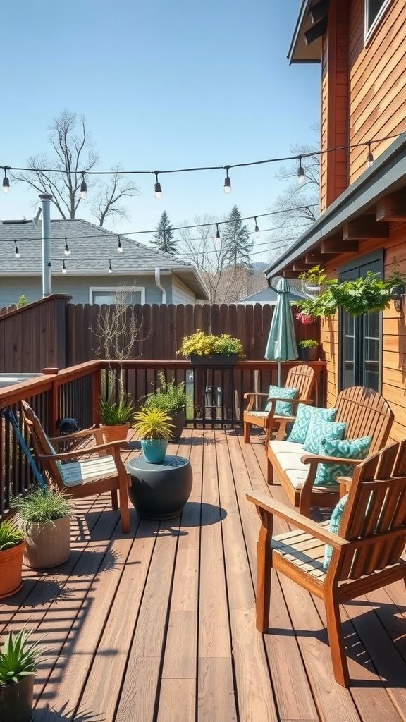 A wooden patio deck with comfortable chairs and decorative plants.