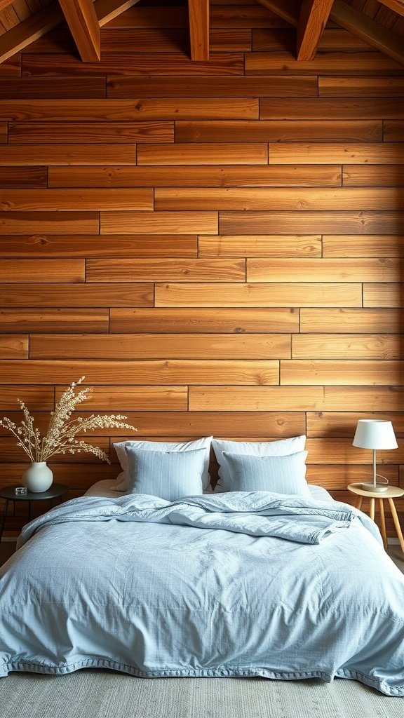 Wooden accent wall in a cozy bedroom with blue bedding and minimalist decor.