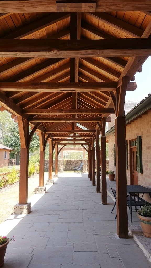A wooden beam patio extension showcasing a spacious walkway with beams and stone flooring.