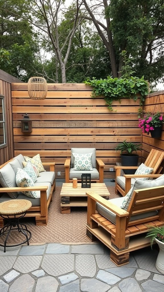 A cozy patio area with wooden pallet furniture and greenery.