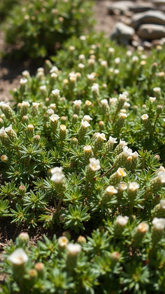 A close-up of woolly thyme with small white flowers growing on the ground.