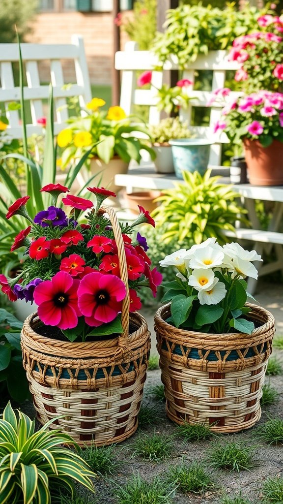 Two woven baskets with colorful flowers in a garden setting.
