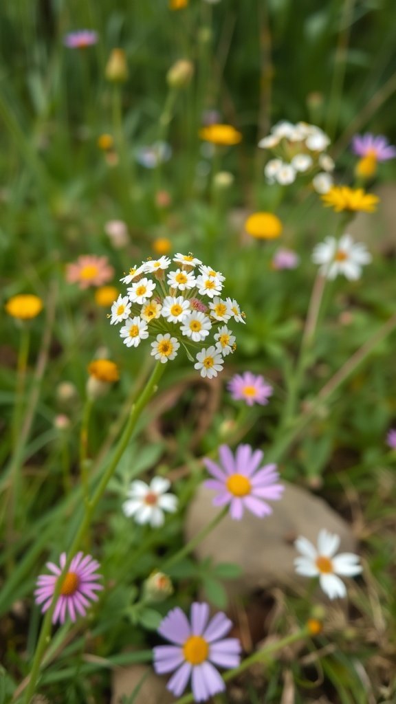Colorful flowers in a garden, featuring yarrow and other wildflowers.