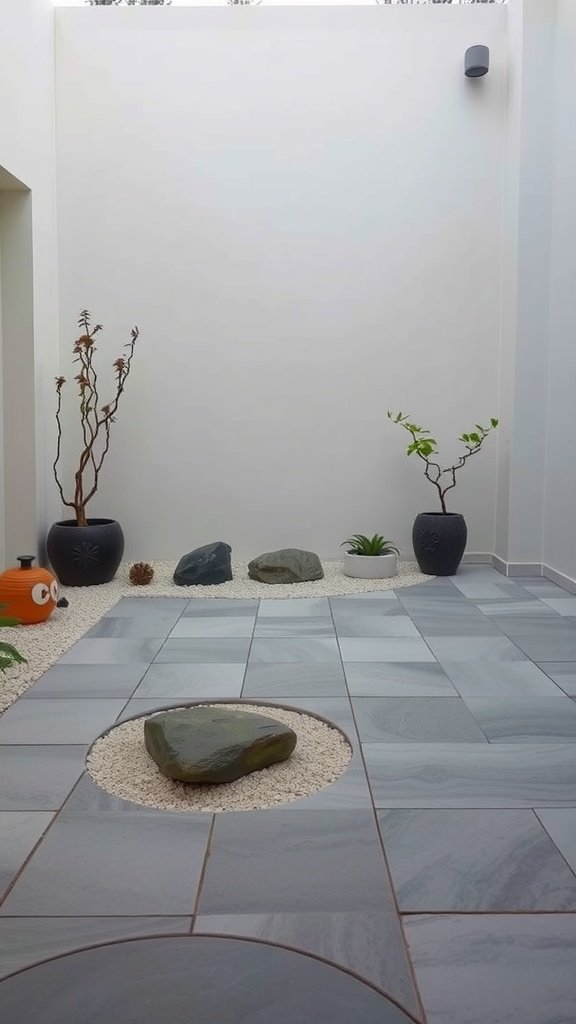 A serene patio layout featuring gray tiles, decorative stones, and minimalistic plants.