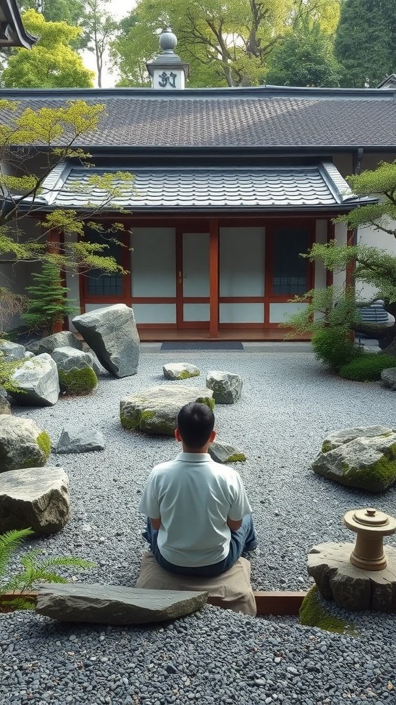 A person meditating in a Zen garden with rocks and greenery.