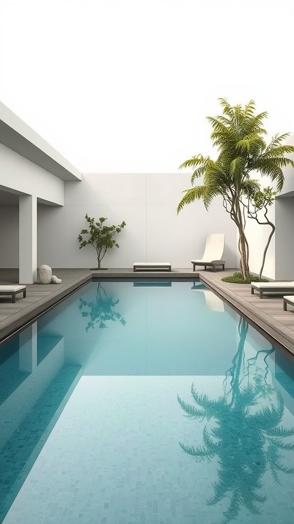 A serene pool area featuring a plunge pool, deck, and surrounding plants.