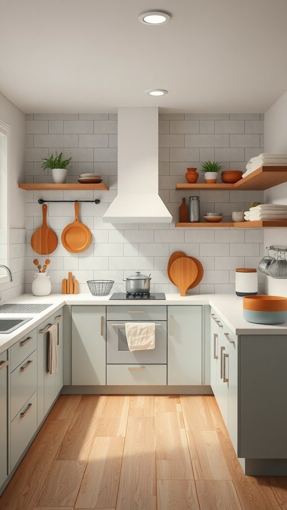 A modern kitchen layout featuring a stove, cabinets, and open shelving.